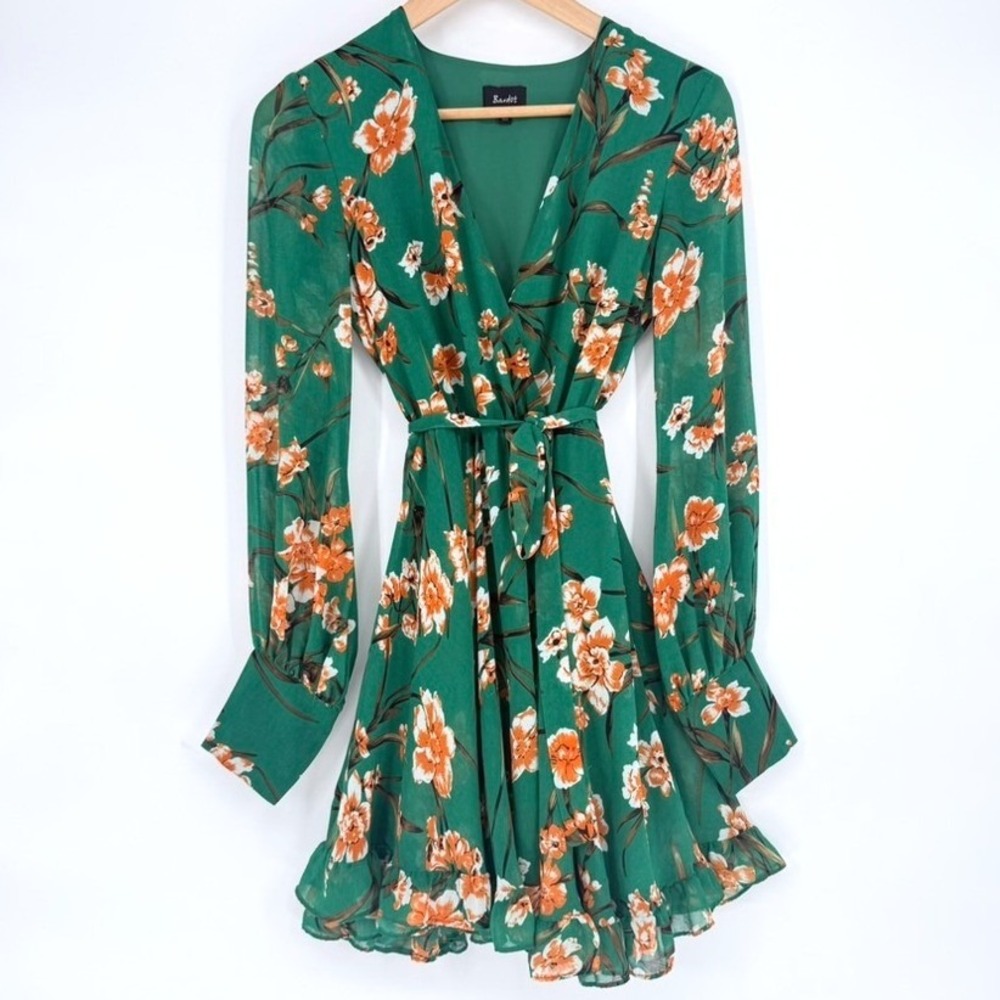 Bardot Womens Green Floral Long Sleeve Wrap V-Neck Ruffle Mini Dress Size 4 XS